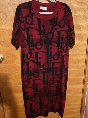 Red and Black Logo Knit Midi Dress